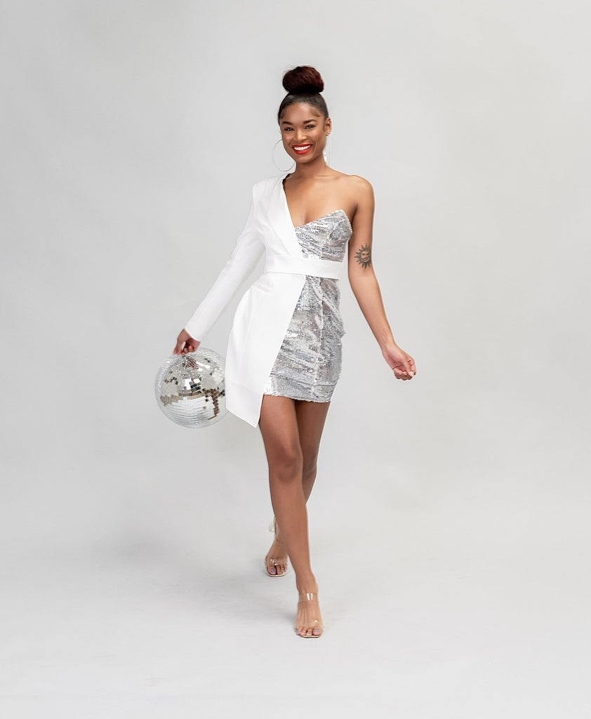 Stunning One Sleeved Sequin Blazer Dress